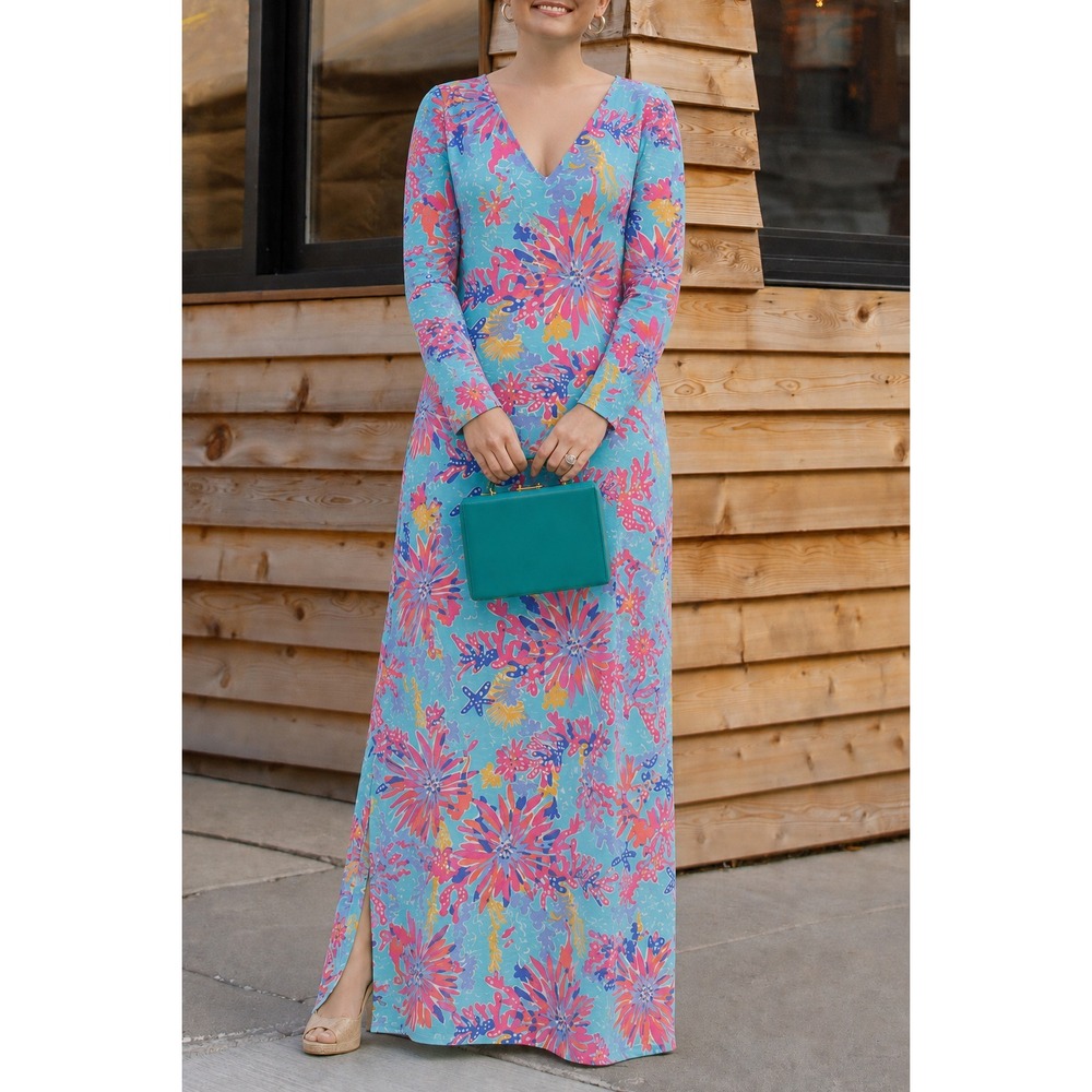 Lilly Pulitzer Maxi Dress Sz M Lauren Aqua Floral Trippin and Sippin Long Sleeve